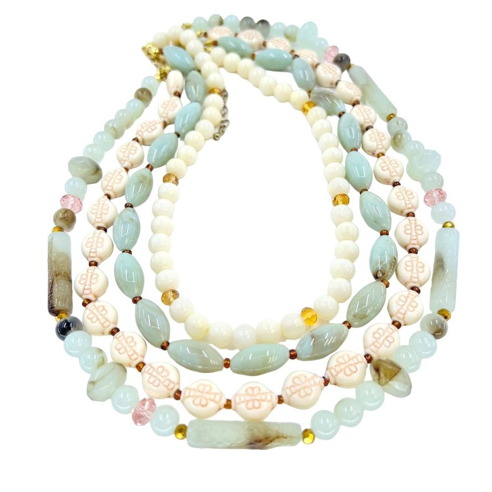 NWOT - Multi Strand Cream & Green Faux Jade 14” Choker Gold Tone Necklace